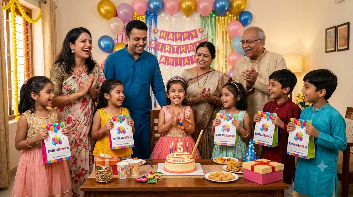 A happy Indian family celebrating a child's 5th birthday with Birthday Boom gift bags, balloons and cake